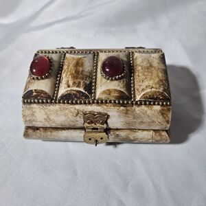 Vintage Trinket Box Camel Bone And Brass Red Stone Accents, Lined
